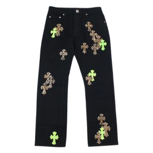 Chrome Hearts Leopard Green Cross Leather Patch Jeans