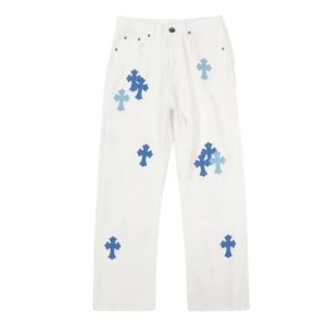 Chrome Hearts White Jeans With Baby Blue Cross Patch