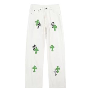 Chrome Hearts White Pants With Neon Green Zebra Cross Patches